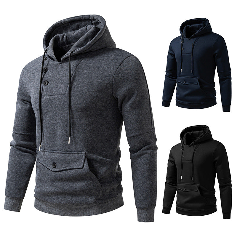 Diagonal Buckle Placket Design Casual Hooded Large Pocket Sweatshirt