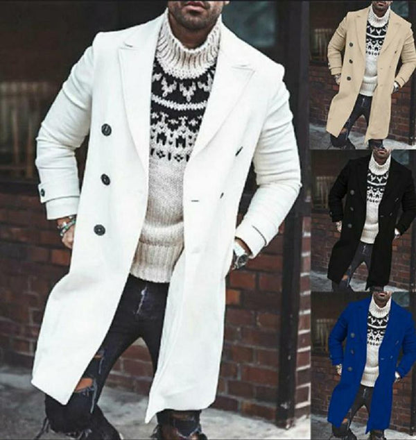 Lapel double-breasted white woolen trench coat
