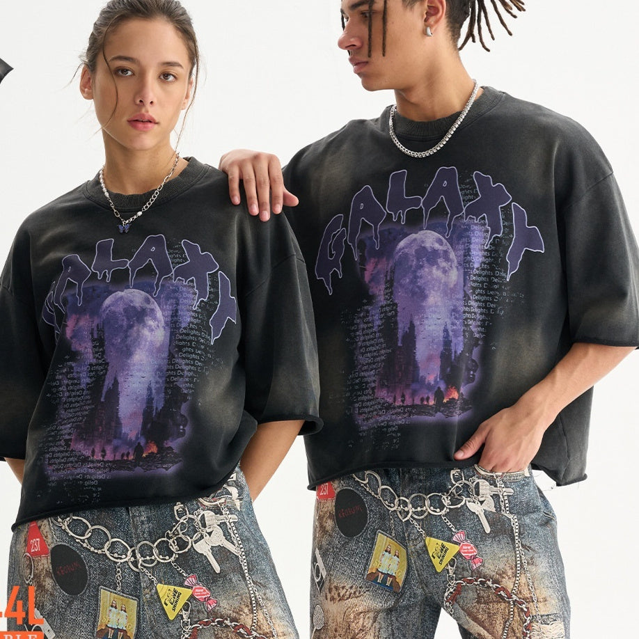 Terry Distressed T-shirt Men's High Street Loose Edge Washed-out Vintage