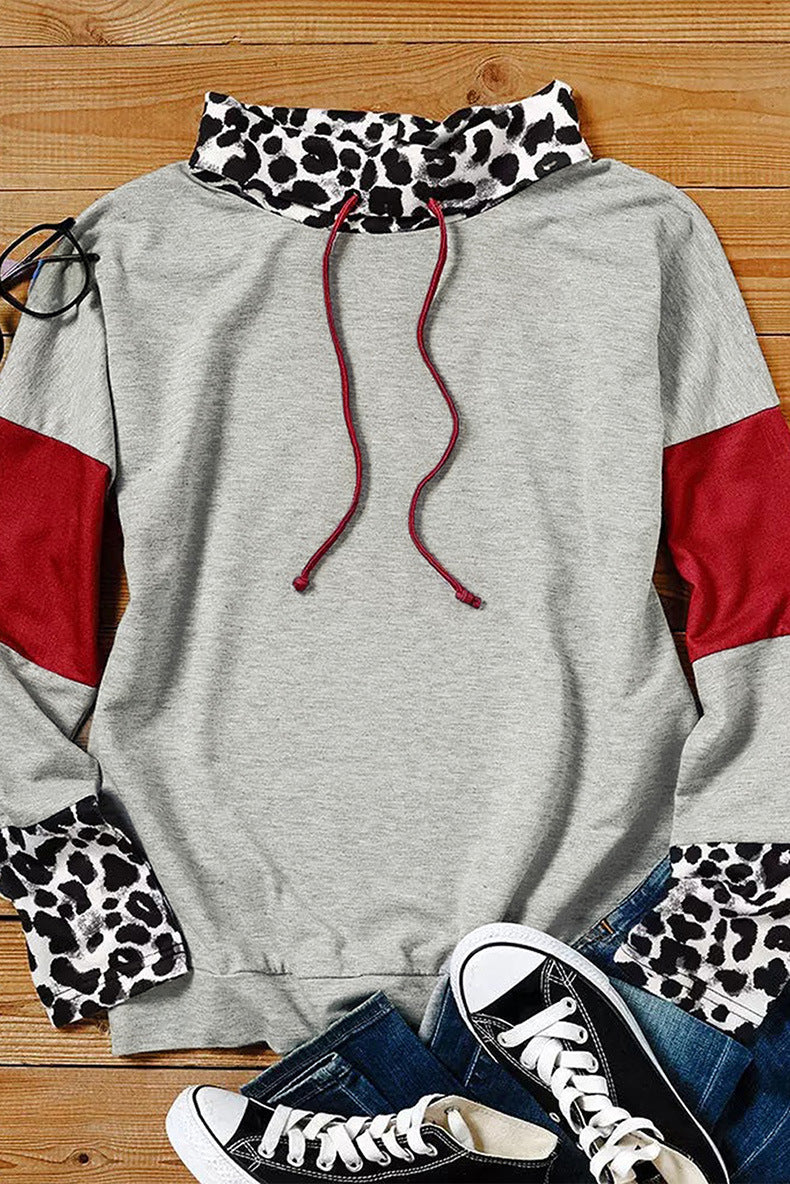 Autumn Turtleneck Drawstring Sweatshirt Leopard Splicing Top