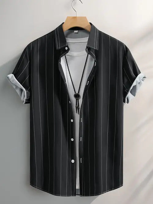 Men's Stripes Short Sleeve Stand Collar Shirt
