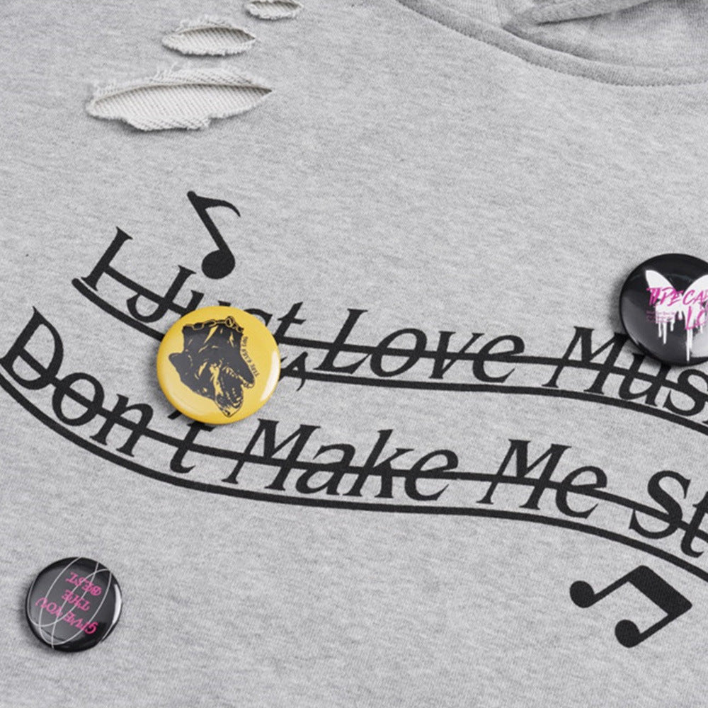 Badge Decoration Ripped Hoodie Sweater Men