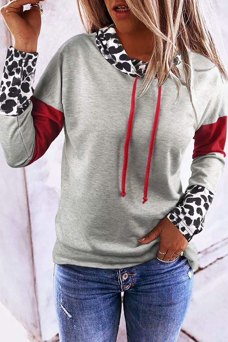 Autumn Turtleneck Drawstring Sweatshirt Leopard Splicing Top
