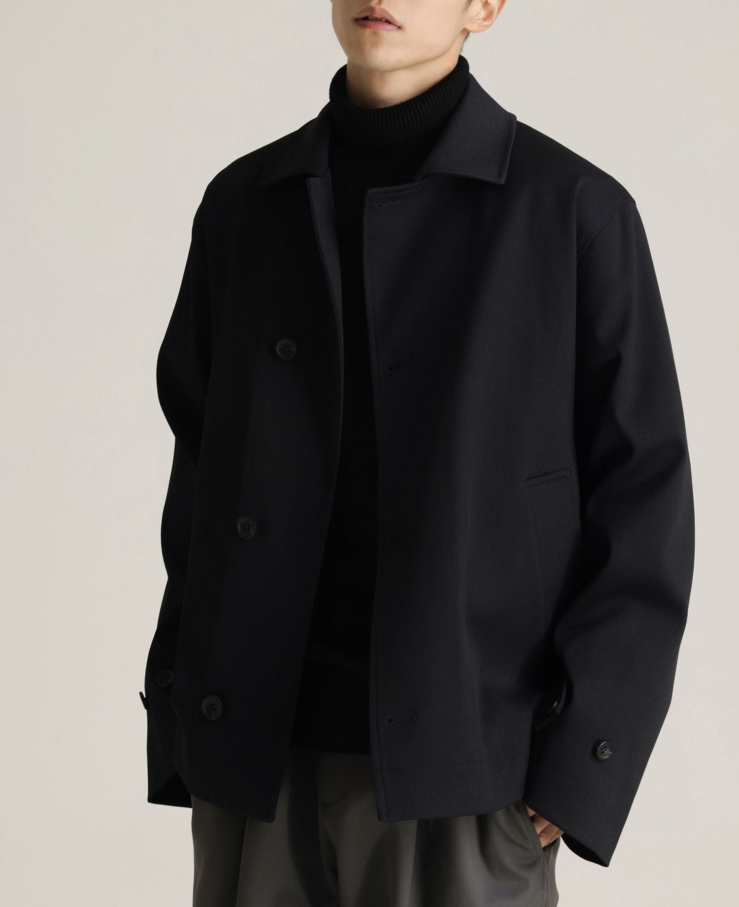 Twill Blended Partial Placket Turn-down Collar Coat Men