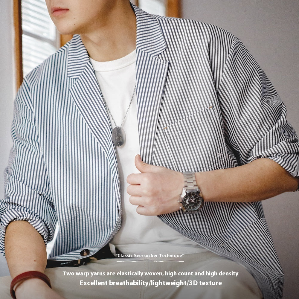 Seersucker Striped Blazer Flat Collar