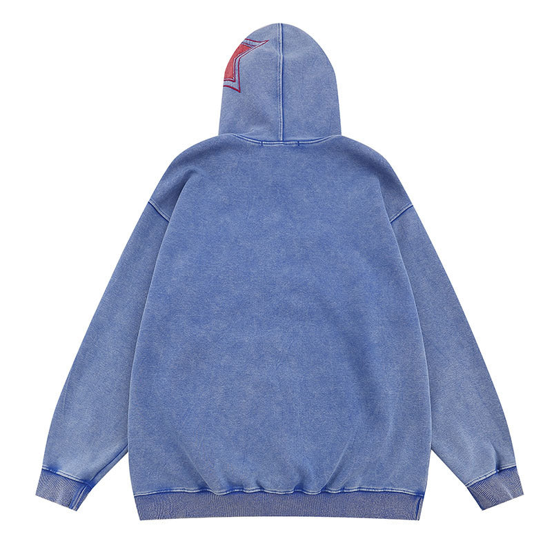 American-style Retro Hip Hop Letters Embroidered Patch Washed Hooded Sweater Men