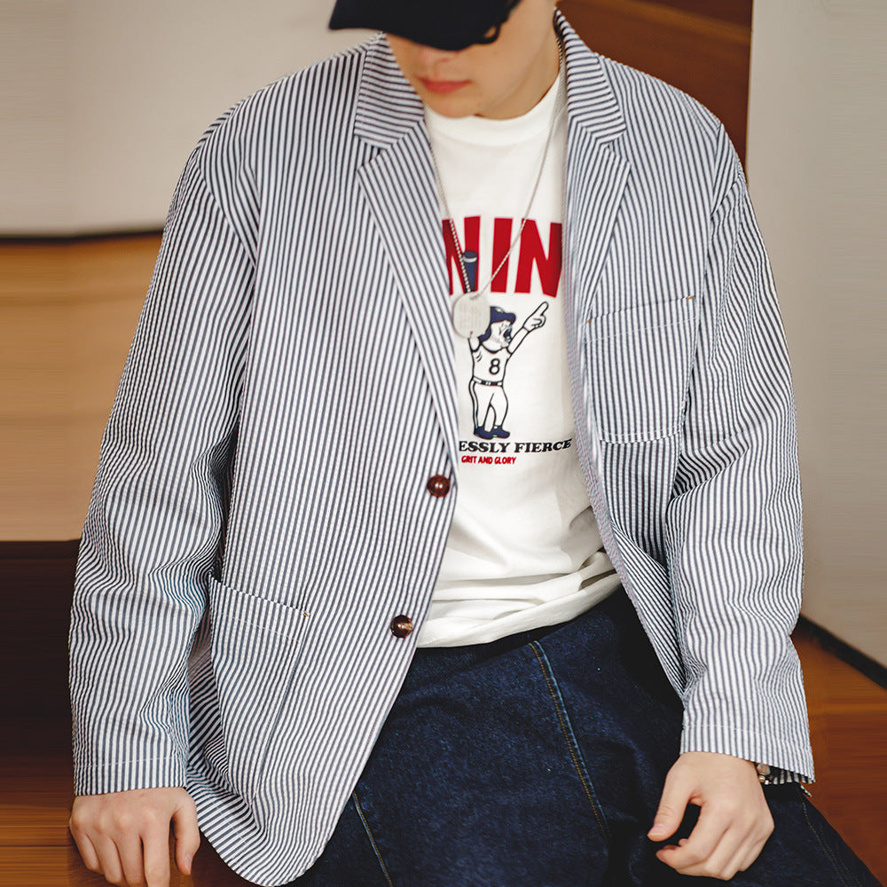 Seersucker Striped Blazer Flat Collar