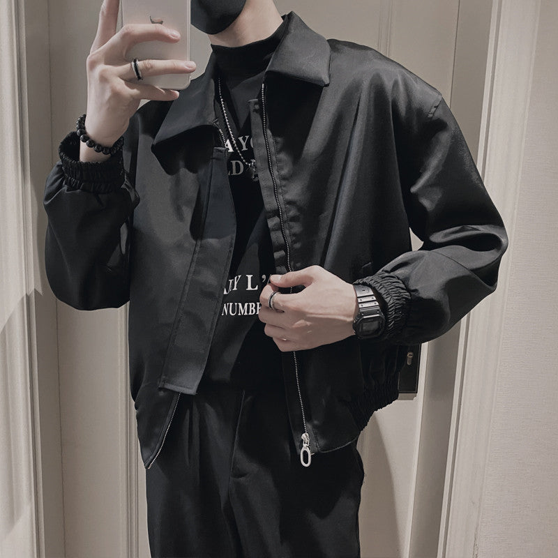 Men Black Spring Top Polyester Zipper Jacket