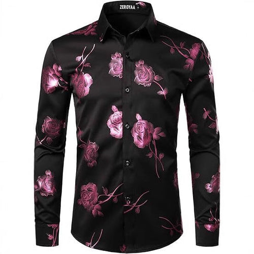 3D Golden Rose Print Slim Fit Long Sleeve Formal Wear Shirt