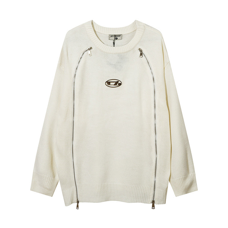 Men's High Street Niche Design Two-way Zipper Patchwork Round Neck Sweater