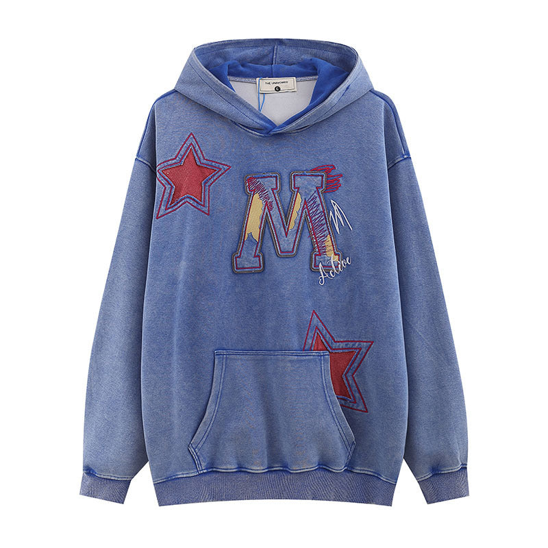 American-style Retro Hip Hop Letters Embroidered Patch Washed Hooded Sweater Men