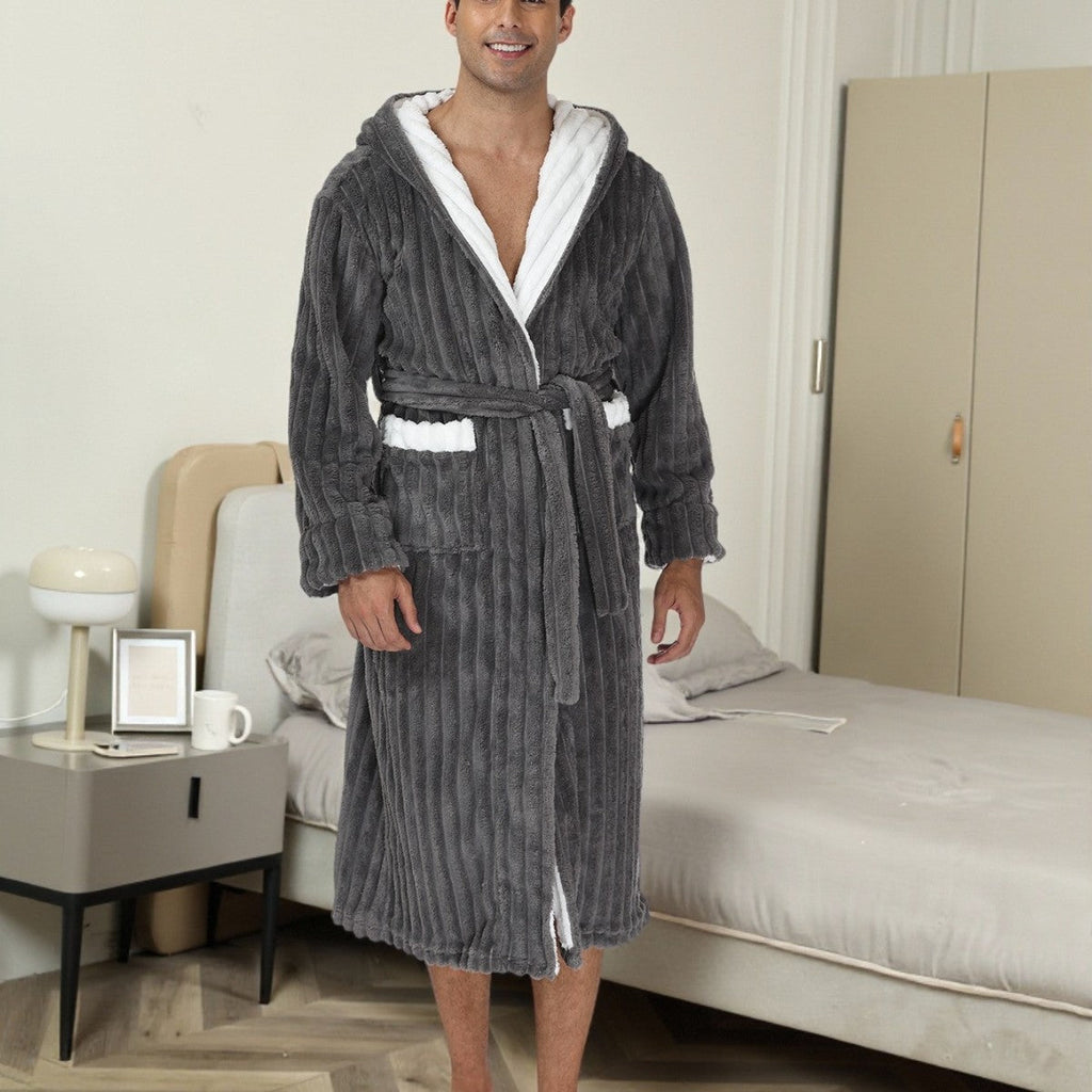 Thick Night-robe Flannel Men's Long Hooded Lace Bathrobe