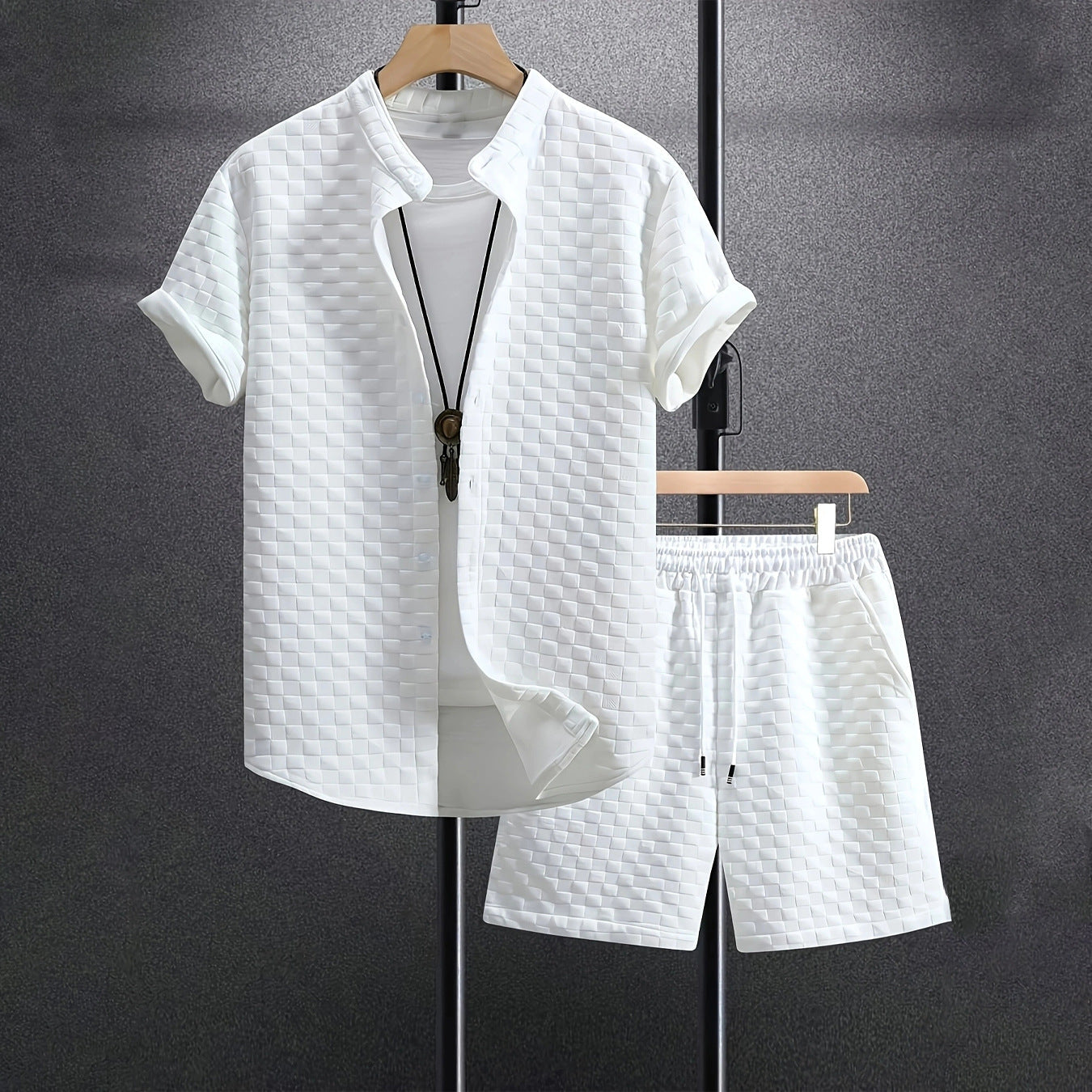 Men's Jacquard Casual Short Sleeve Shirt Outfit