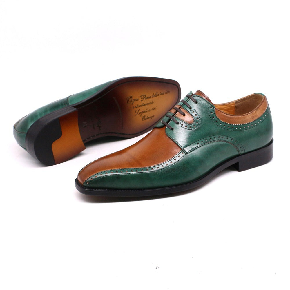 British Fashion Carved Color Matching Leather Shoes Cowhide Business
