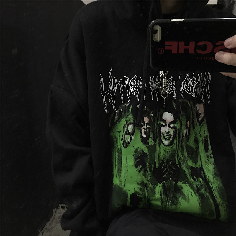 Dark Harajuku Hongkong Style Depressed Devil Print Autumn And Winter Loose Fleece-lined Hoodie Sweater Male And Female Couples Wear