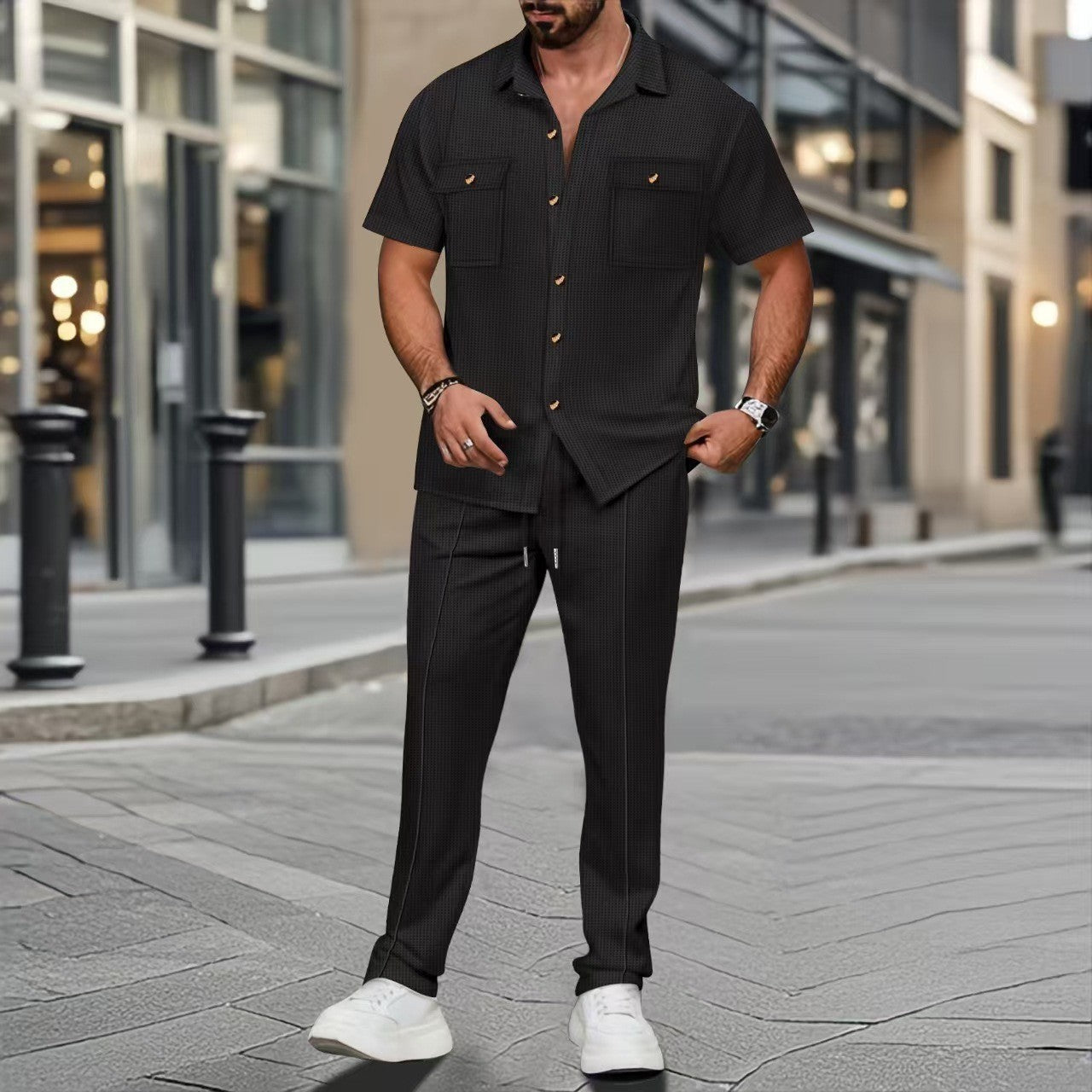 Buttons Pocket Short Sleeve shirt and Trousers Two-piece Set