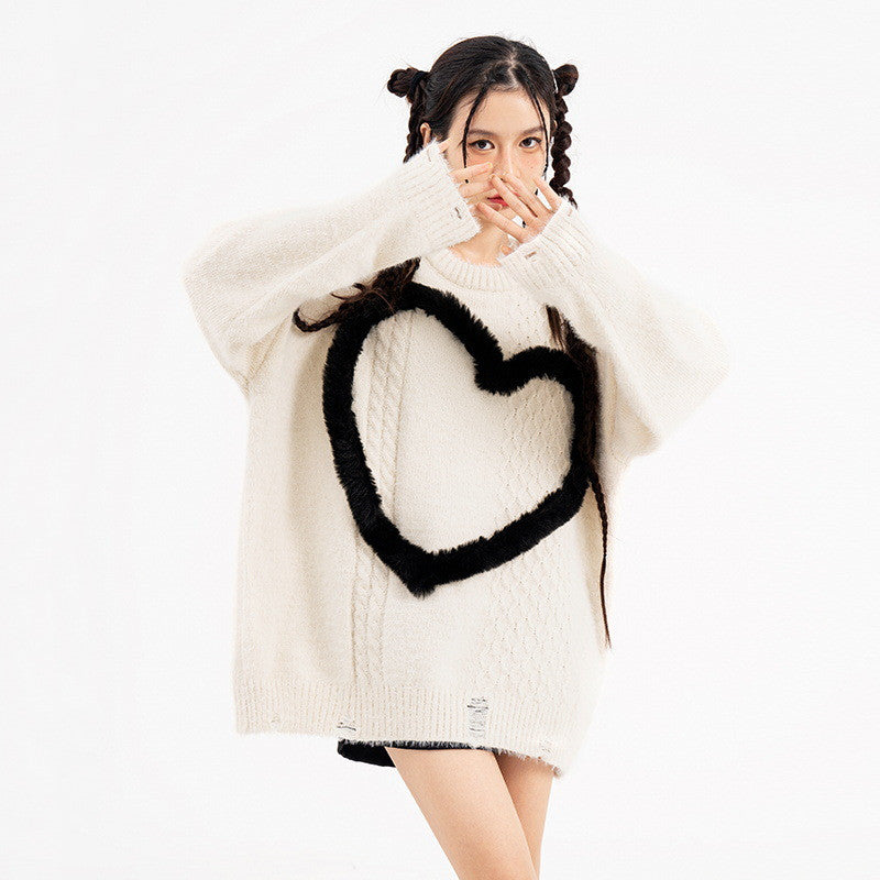 Simple Contrast Color Three-dimensional Velvet Love Sweater