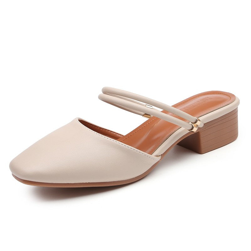 Mid-heel Baotou Half Slippers Thick-heel Sandals And Slippers Single Shoes