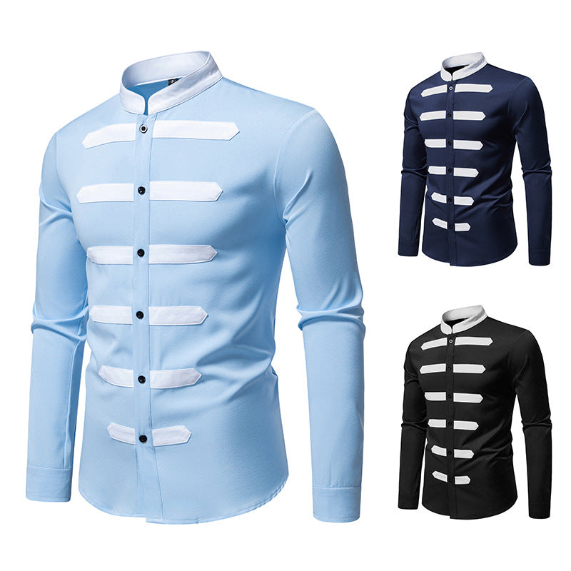 Black And White Stitching Design Men's Versatile Casual Long Sleeve Shirt