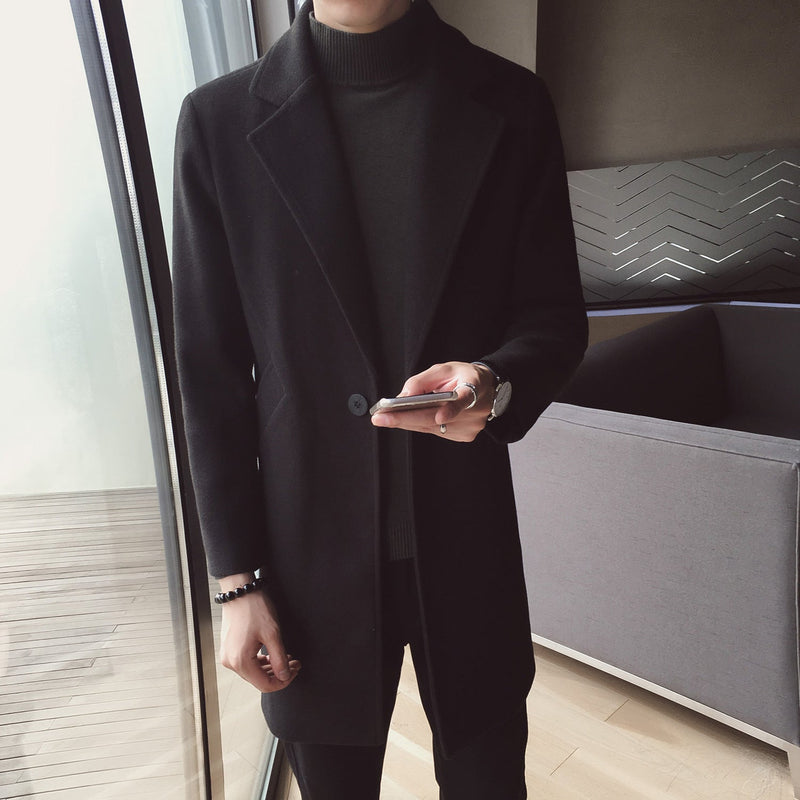 Men's korean mid-length woolen trench coat
