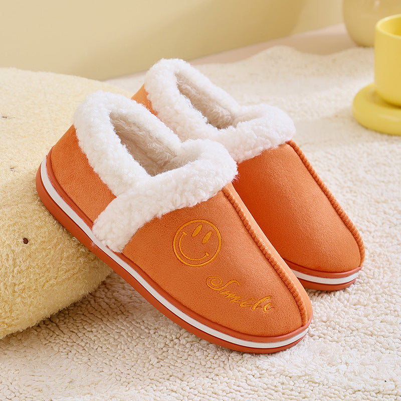 Winter Women Warm Slippers Cotton Plush Covered Back Thick Bottom Female Shoes Home Smile Face Casual Comfort Couple Slippers