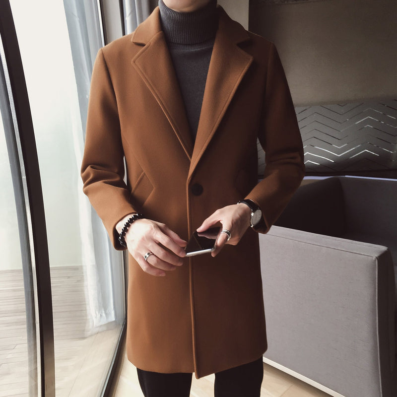 Men's korean mid-length woolen trench coat