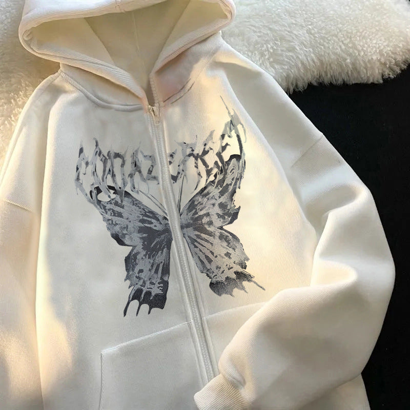 Cross-border Hooded Sweater In Stock Zipper Sweater Autumn And Winter European And American Butterfly Sweater Gothic Style Exercise Hooded Coat