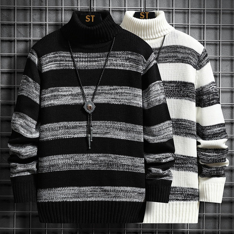 High-neck Men's Long-sleeved Trendy Slim Striped Sweater