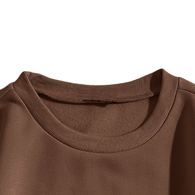 Drop Shoulder Round Neck Cotton Brown Sweatshirt
