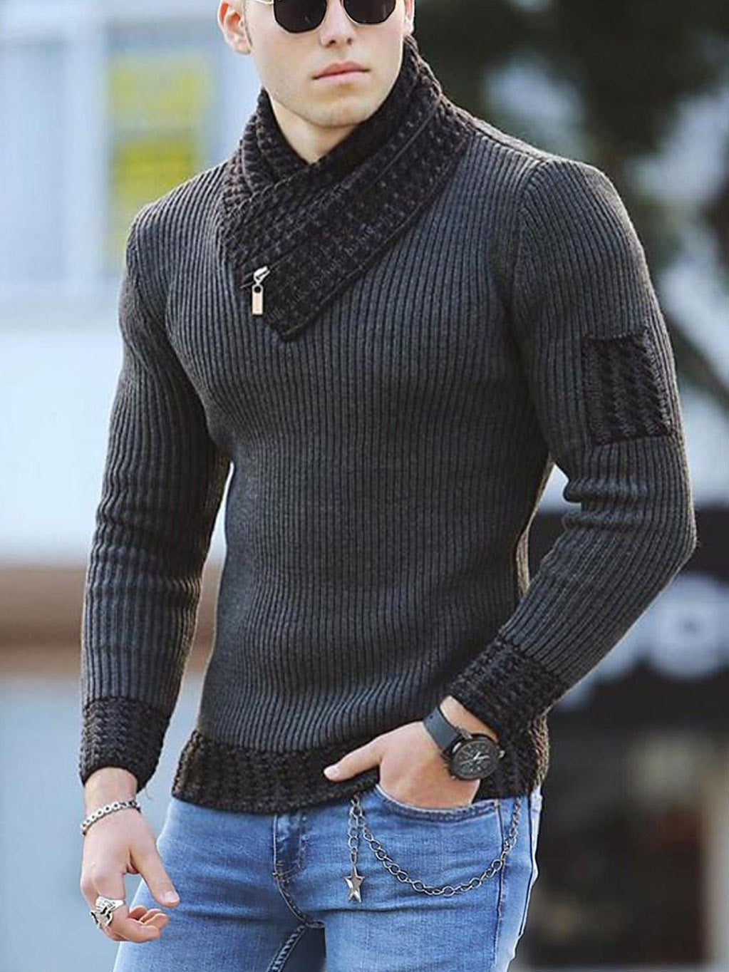 Casual Slim Knit Pullover Long Sleeve Scarf Collar Sweater