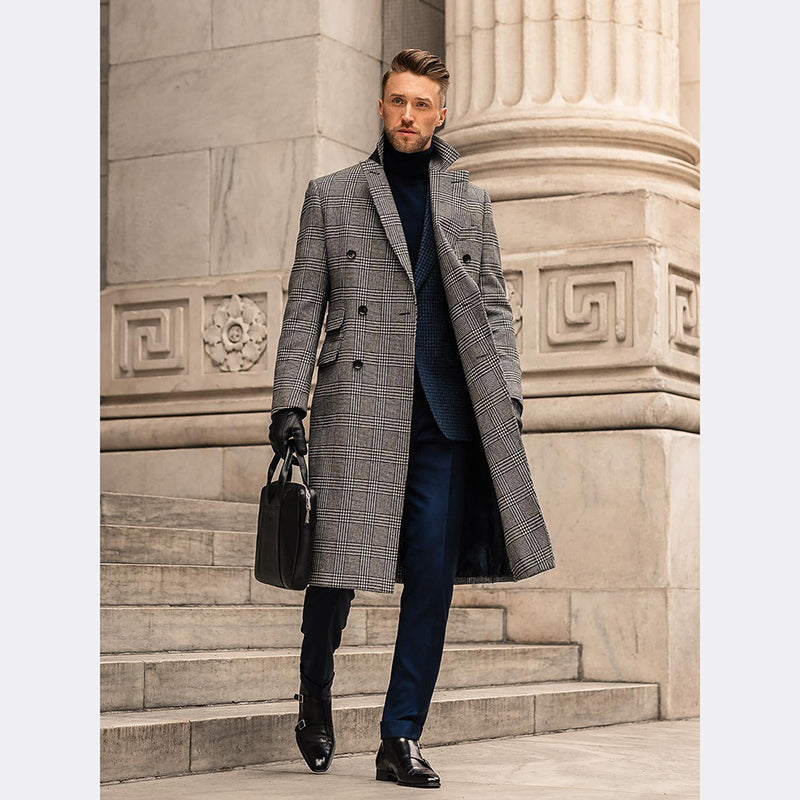 Woolen Double Breasted Checked Overcoat