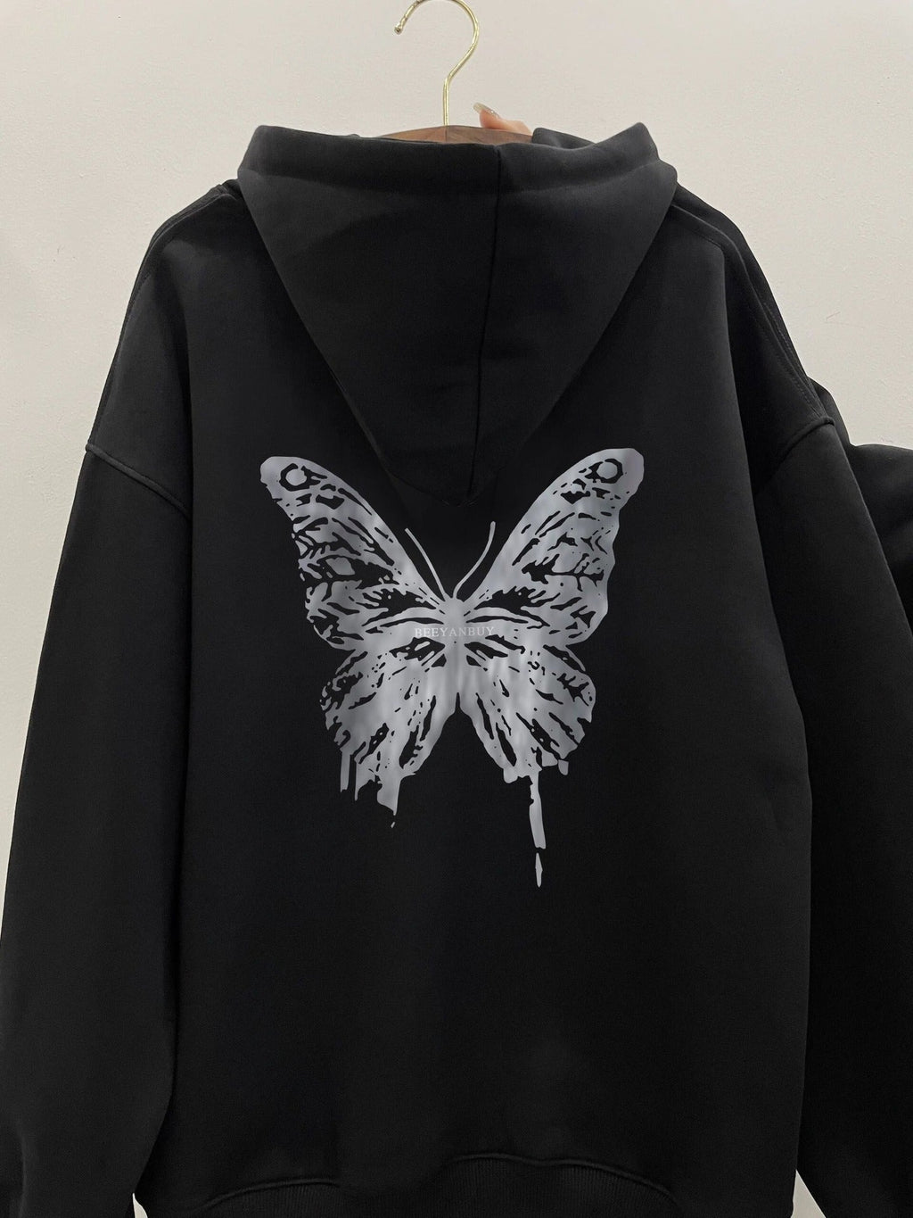 American Retro Butterfly Print Black Hoodie Women