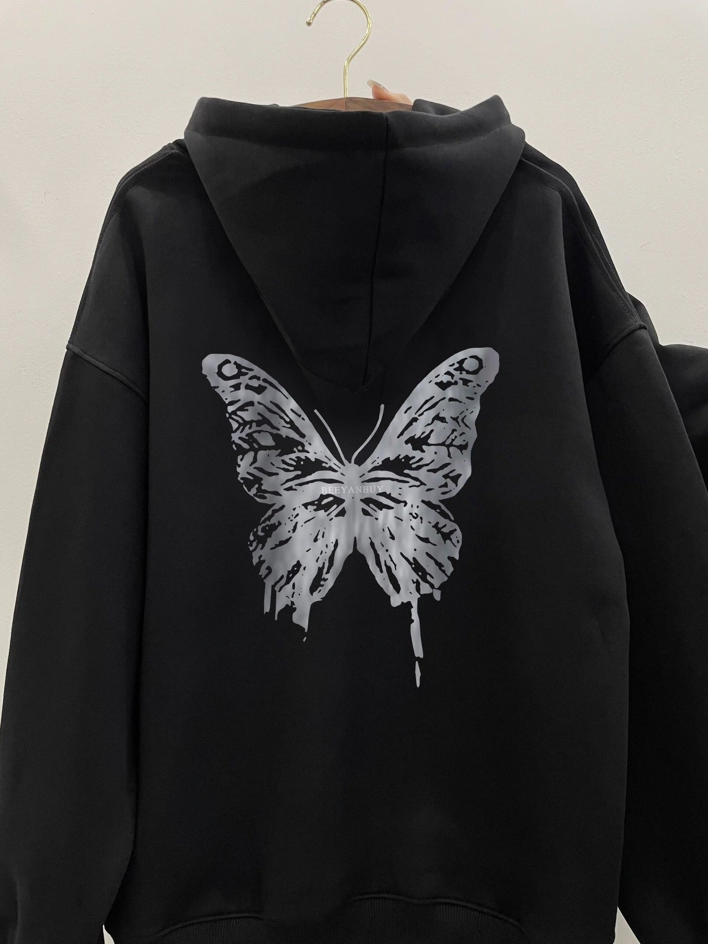 American Retro Butterfly Print Black Hoodie Women
