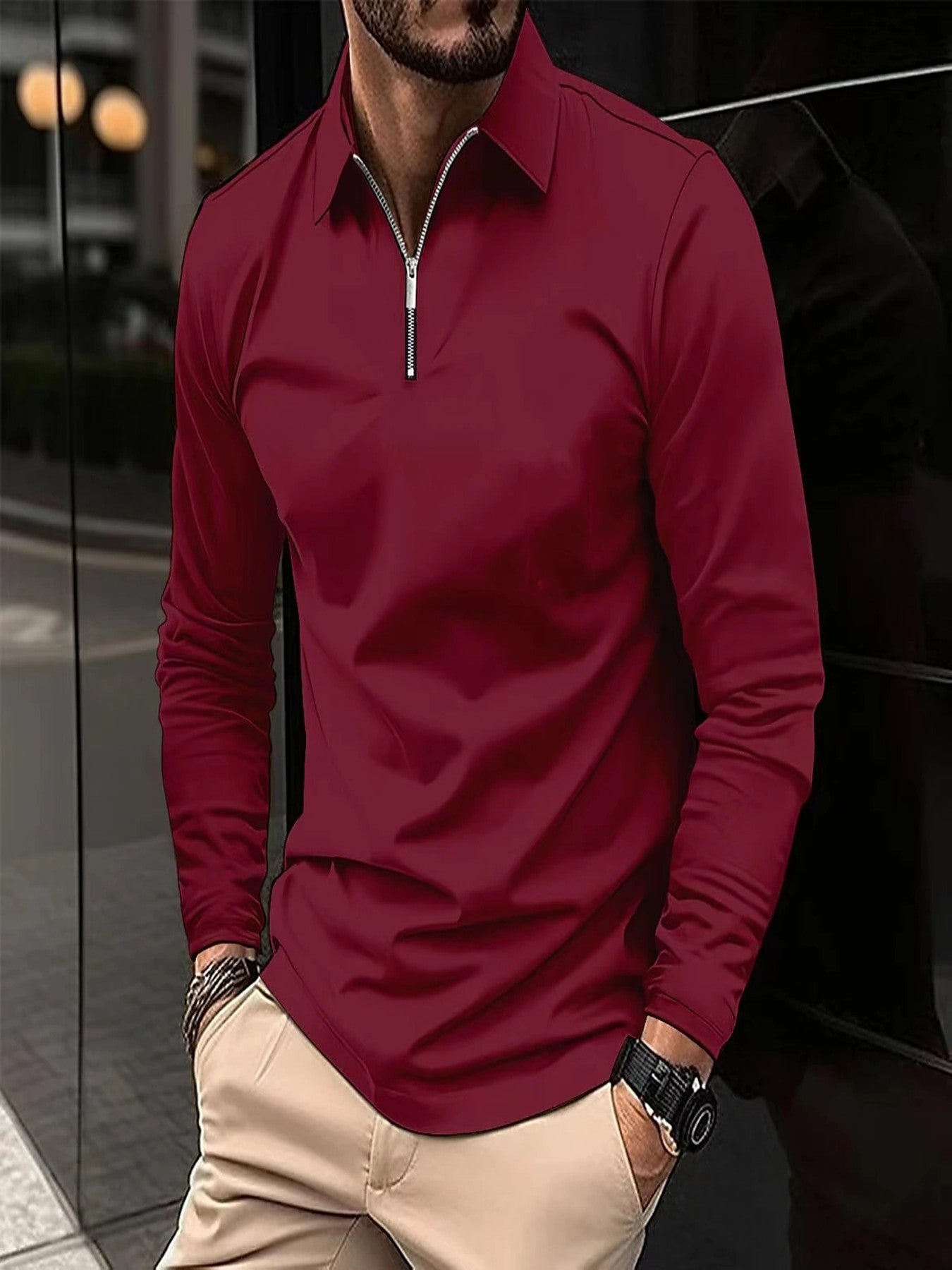 Zipper Men's Solid Color Long Sleeve Sports Polo Shirt