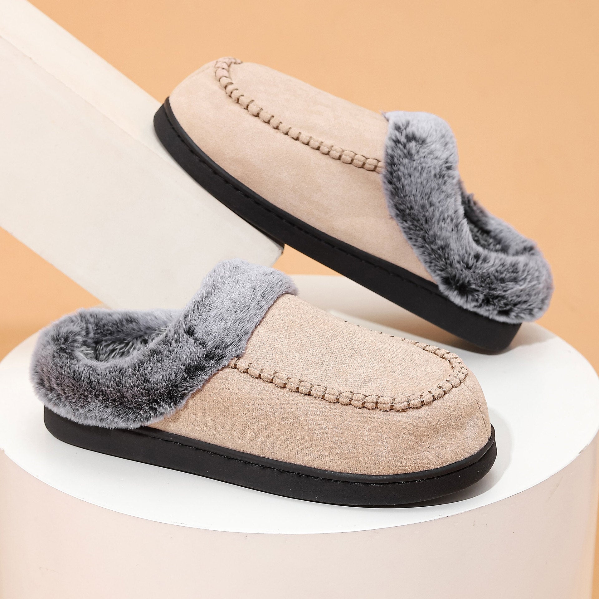 Men's Faded-Edge Mark Shoes WarmIndoor-Outdoor Fleece-LinedNon-Slip Thickened Cotton Slippers