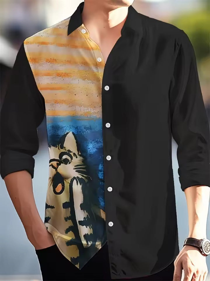 Men's Long Sleeve Palm Tree And Striped Printed Shirt