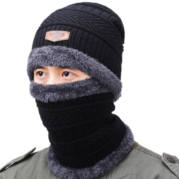 Winter Hat Men's Warm Ear Protection Fleece Knitted Hat Thickened Scarf Two-piece Set