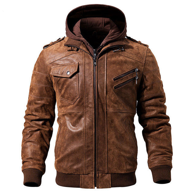 Men Real Leather Jacket Removable Hood motorcycle jacket