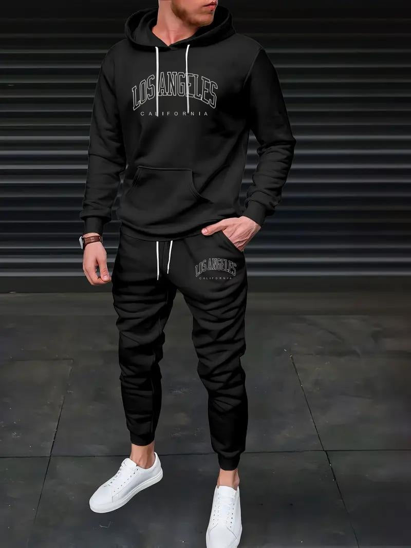 Autumn And Winter Fleece-lined Letter Print Same Color Sweatshirt And Sweatpants Suit Men