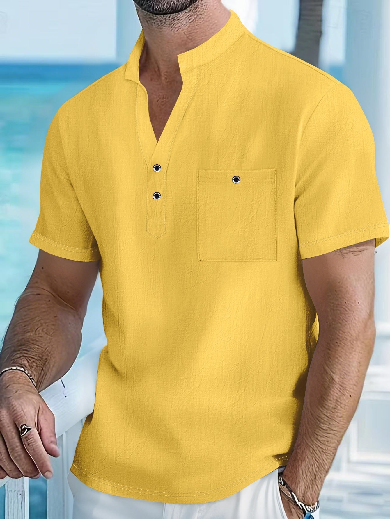 Stand Collar Linen Short Sleeve Shirt Men