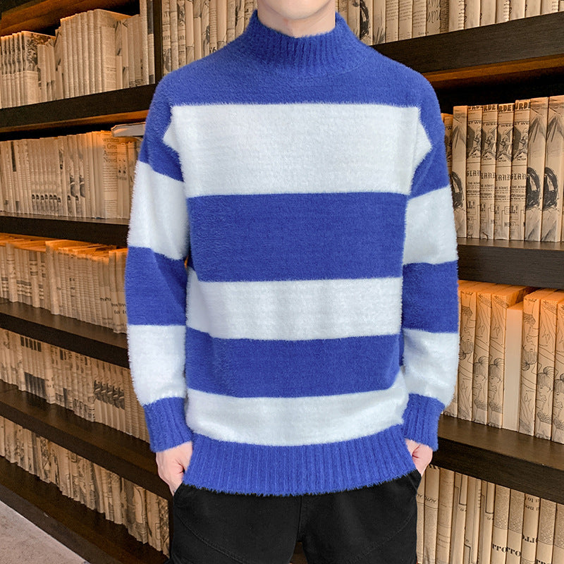 Half High Collar Pullover Striped T-Shirt