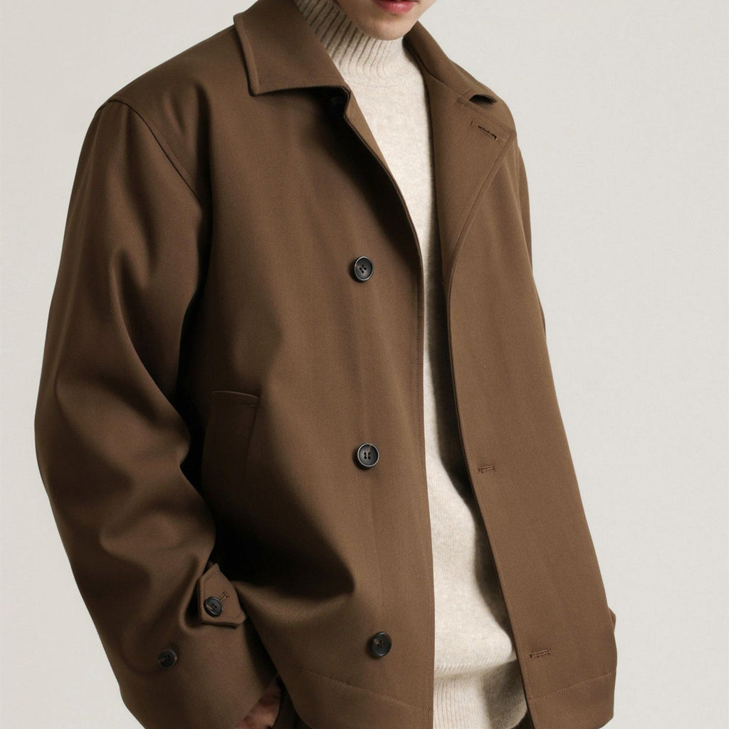 Twill Blended Partial Placket Turn-down Collar Coat Men