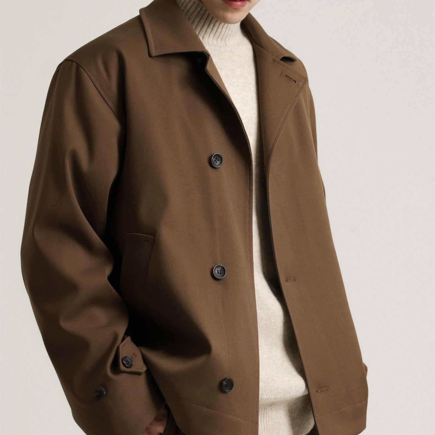 Twill Blended Partial Placket Turn-down Collar Coat Men