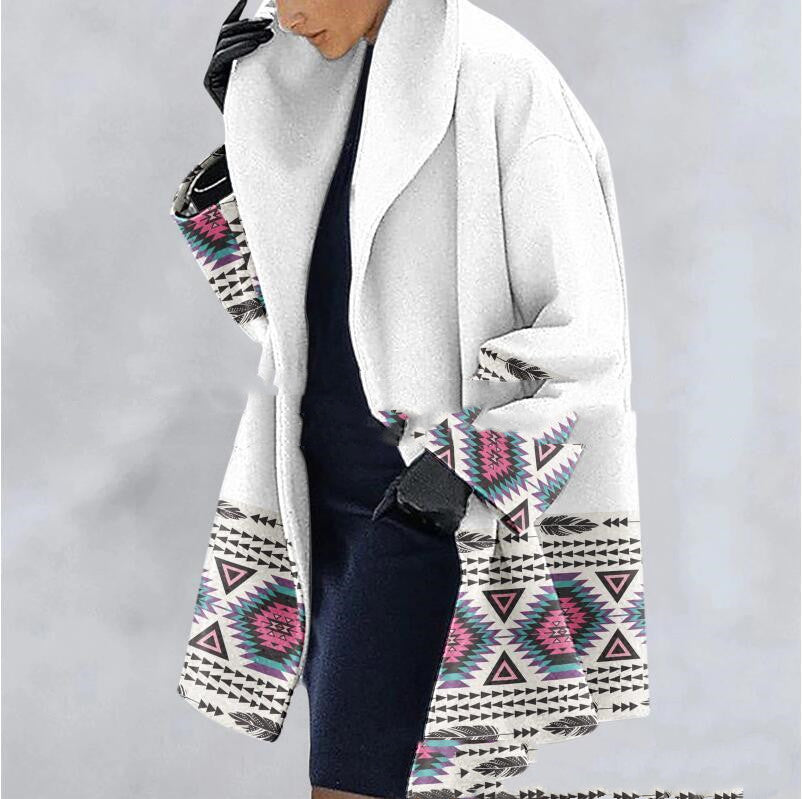 Thick Woolen Print Hooded Loose Medium Length Coat