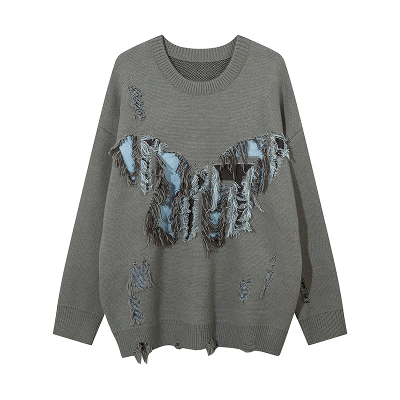 Butterfly Color Matching Hole With Cat Whisker Round Neck Sweater