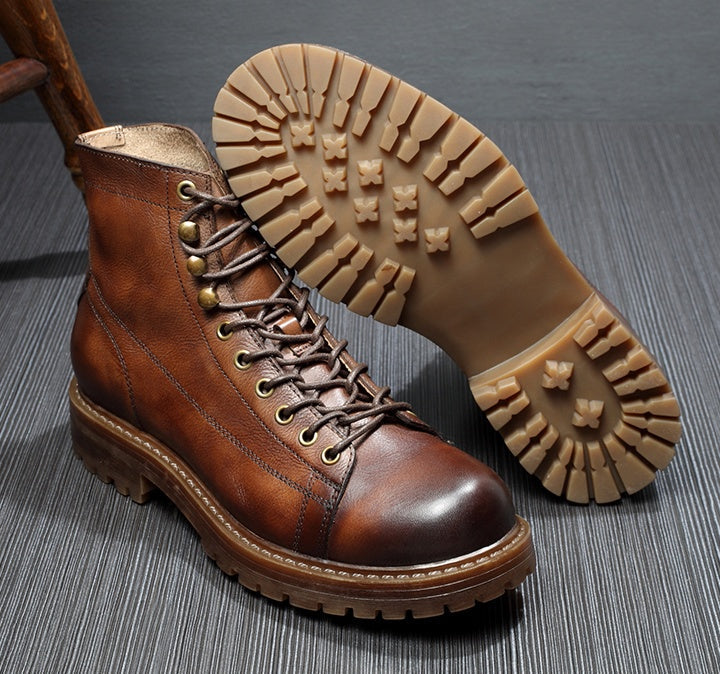 Martin Boots Men's Leather Shoes High-top Retro Plus Velvet Leather  Thick-soled Soft Leather