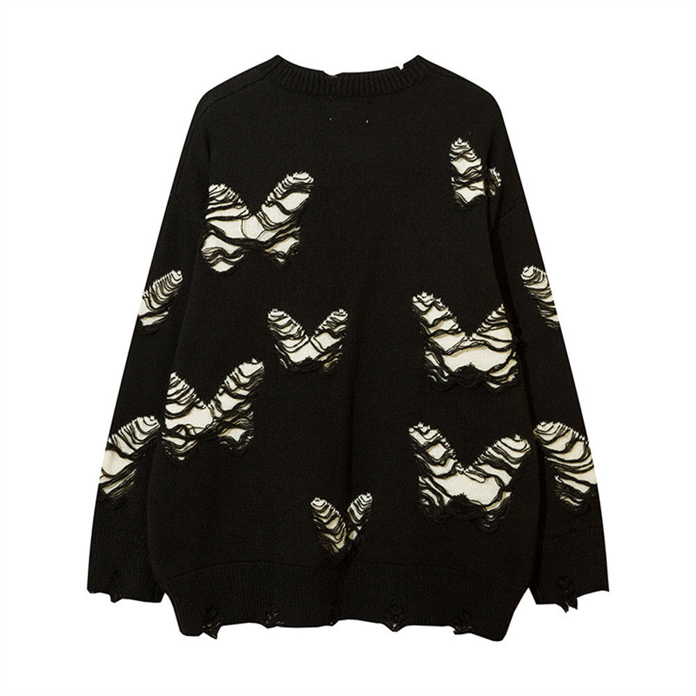 Butterfly Ripped Crochet Tassel Round Neck Knitted Sweater Tide