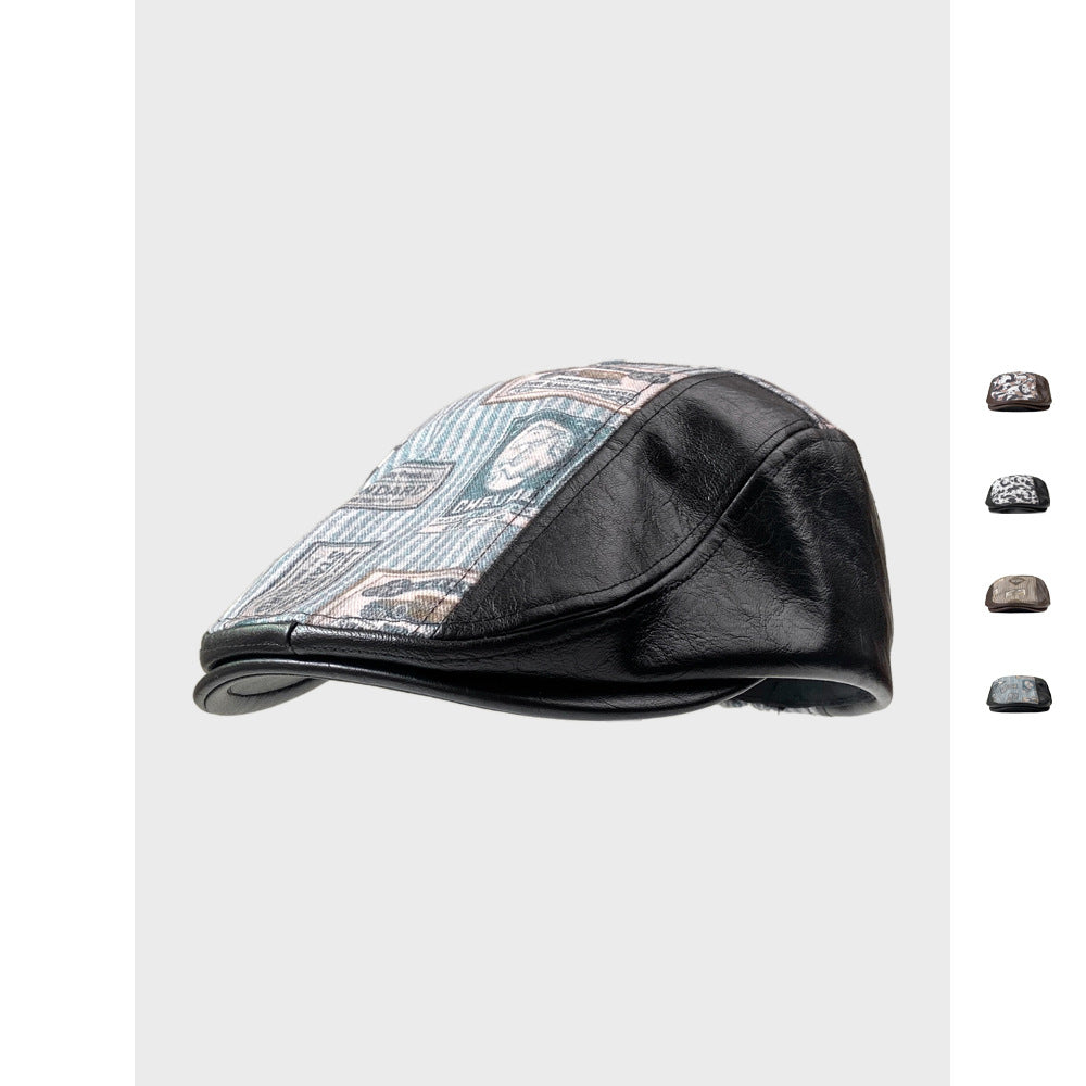 Autumn Winter Retro PU Leather Stitching Advance Hats