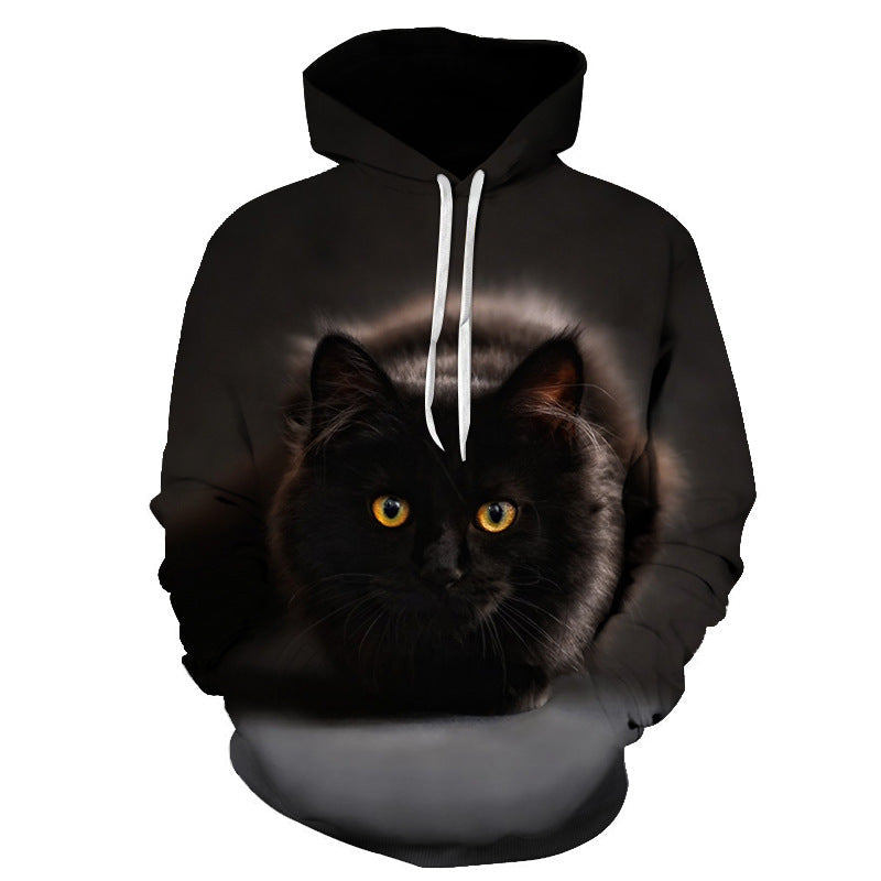Cute Cat Digital Print Hooded Couple Sweatshirt