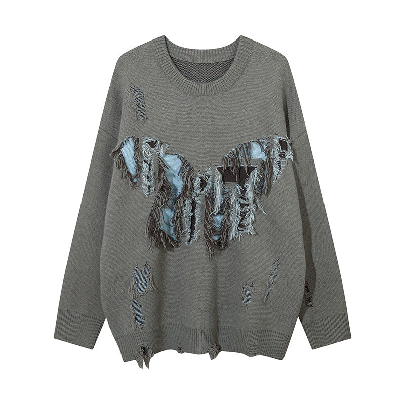 Butterfly Color Matching Hole With Cat Whisker Round Neck Sweater
